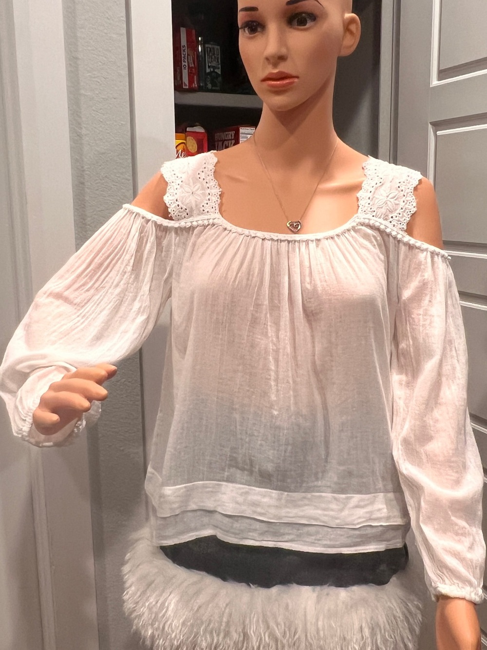 Ralph Lauren White Cold-Shoulder Lace-Trim Blouse